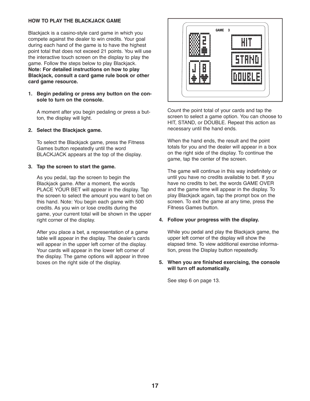 Reebok Fitness 30711.0 manual HOW to Play the Blackjack Game, Select the Blackjack game, Tap the screen to start the game 