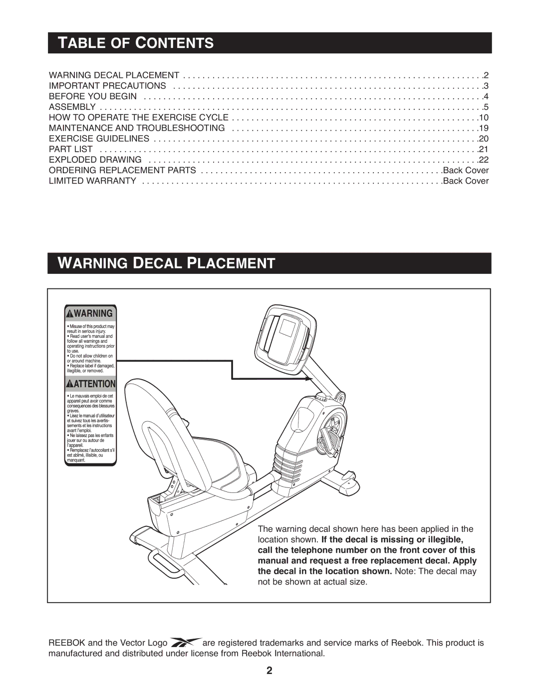 Reebok Fitness 30711.0 manual Table of Contents 