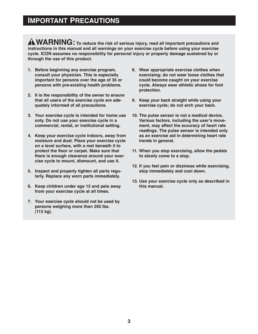 Reebok Fitness 30711.0 manual Important Precautions 