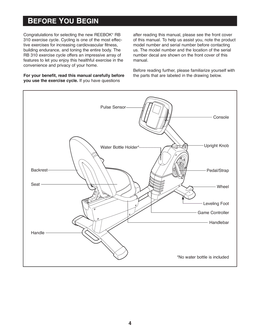 Reebok Fitness 30711.0 Before YOU Begin, For your benefit, read this manual carefully before 