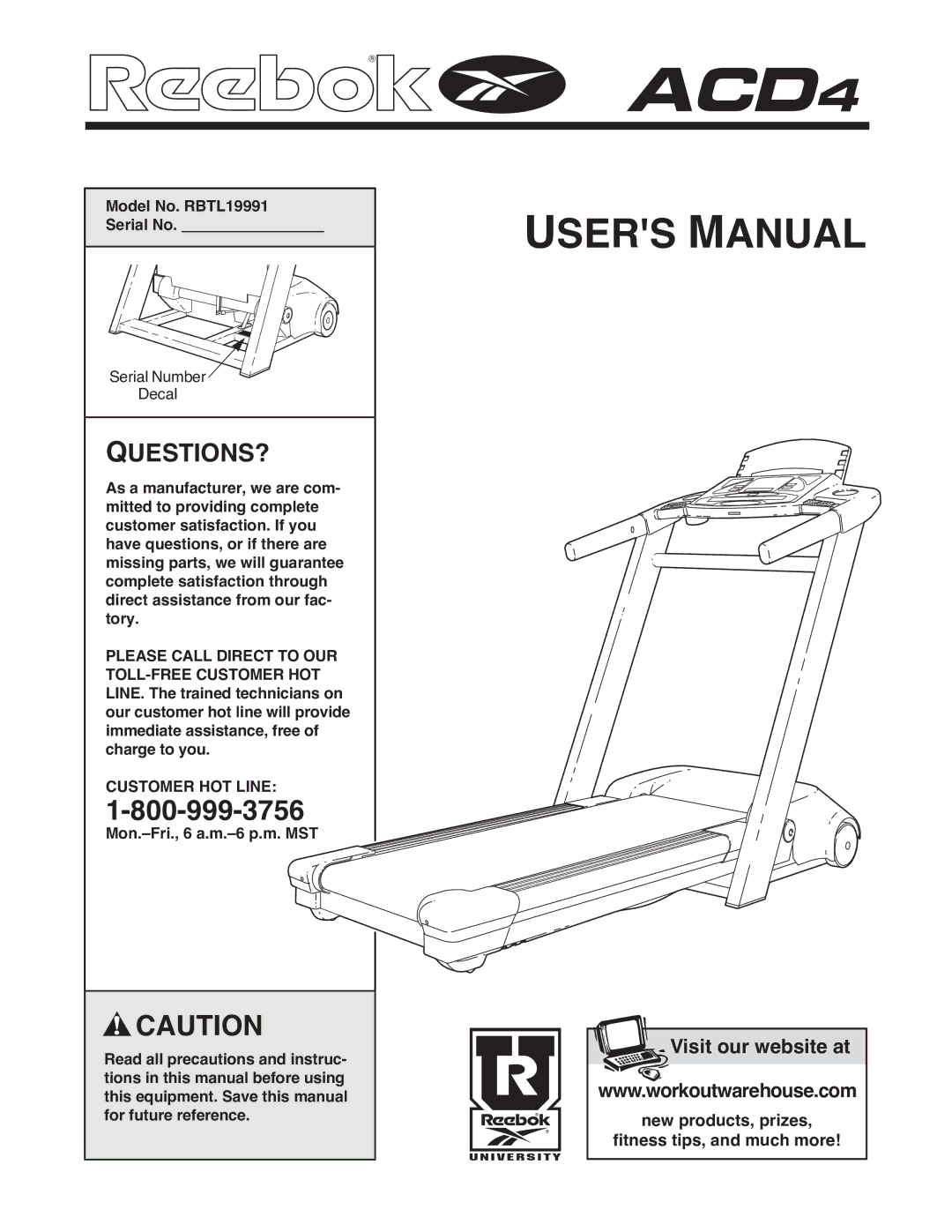 Reebok Fitness ACD 4 manual Model No. RBTL19991 Serial No, Customer HOT Line 