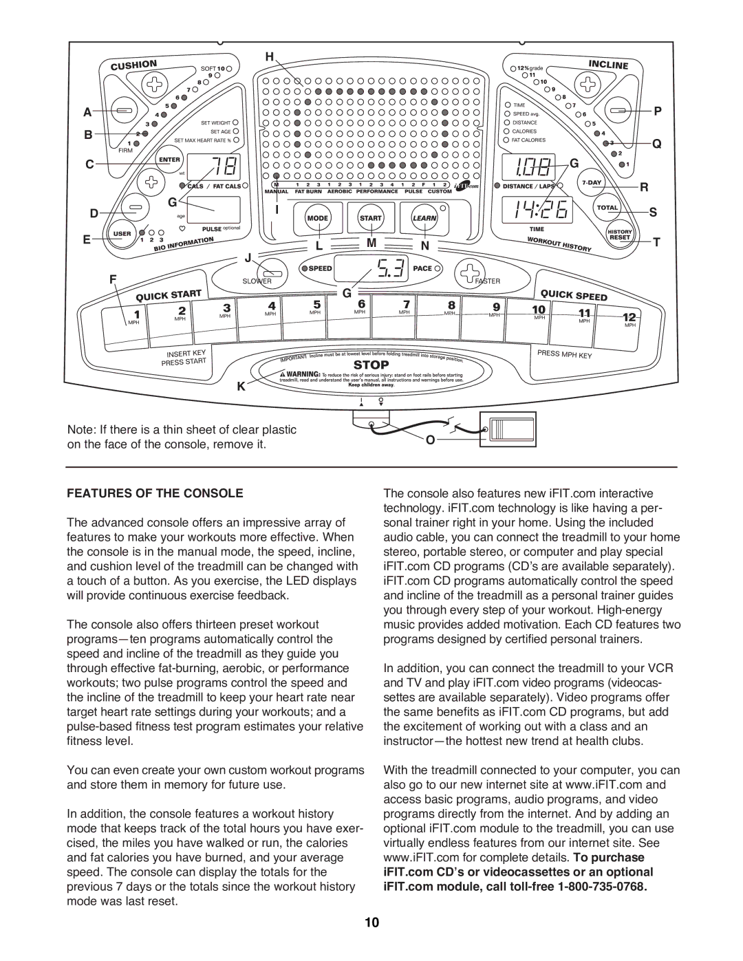 Reebok Fitness ACD 4 manual M N T J On the face of the console, remove it, Features of the Console 