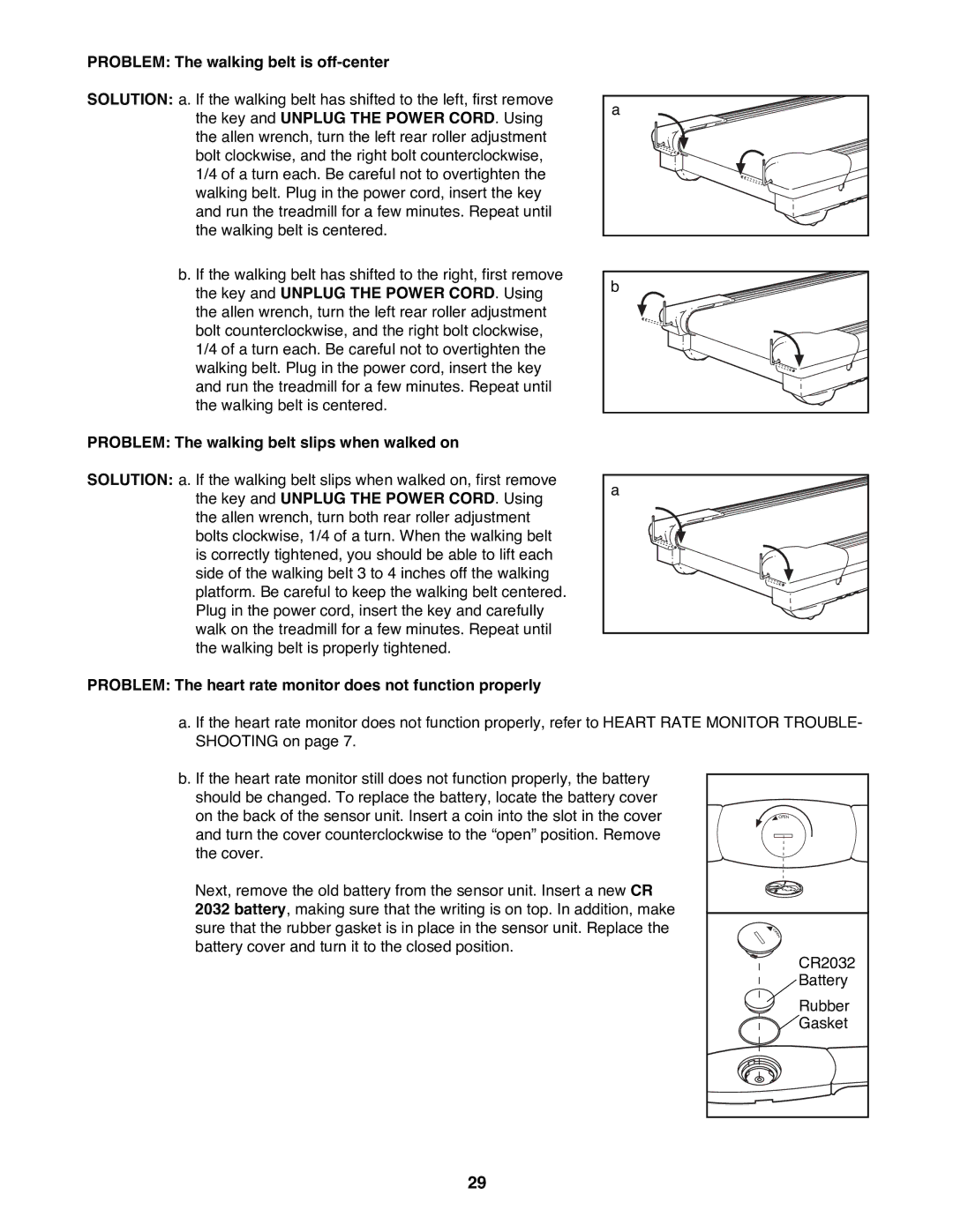 Reebok Fitness ACD 4 manual Problem The walking belt is off-center, Problem The walking belt slips when walked on 