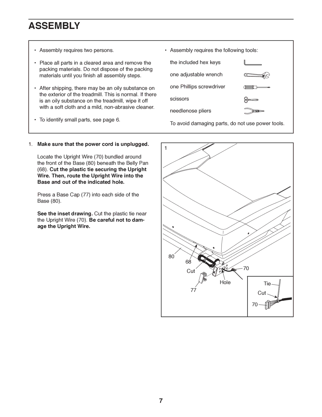 Reebok Fitness R T 6.0 manual Assembly, Make sure that the power cord is unplugged, Age the Upright Wire 