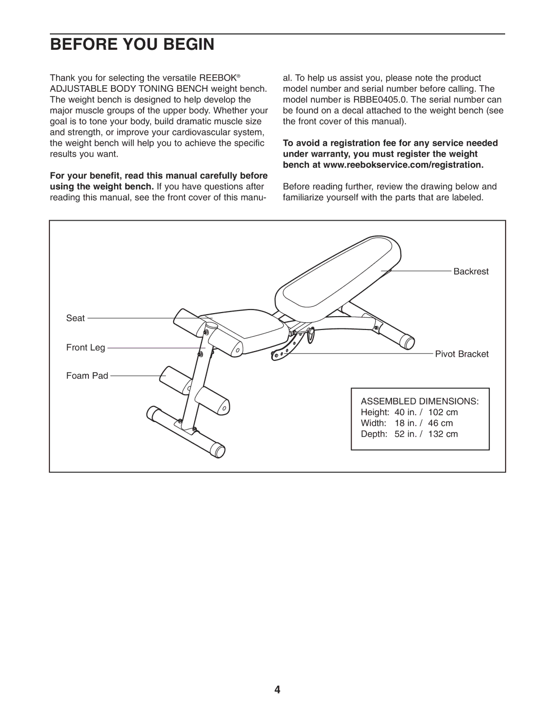Reebok Fitness RBBE0405.0 manual Before YOU Begin 