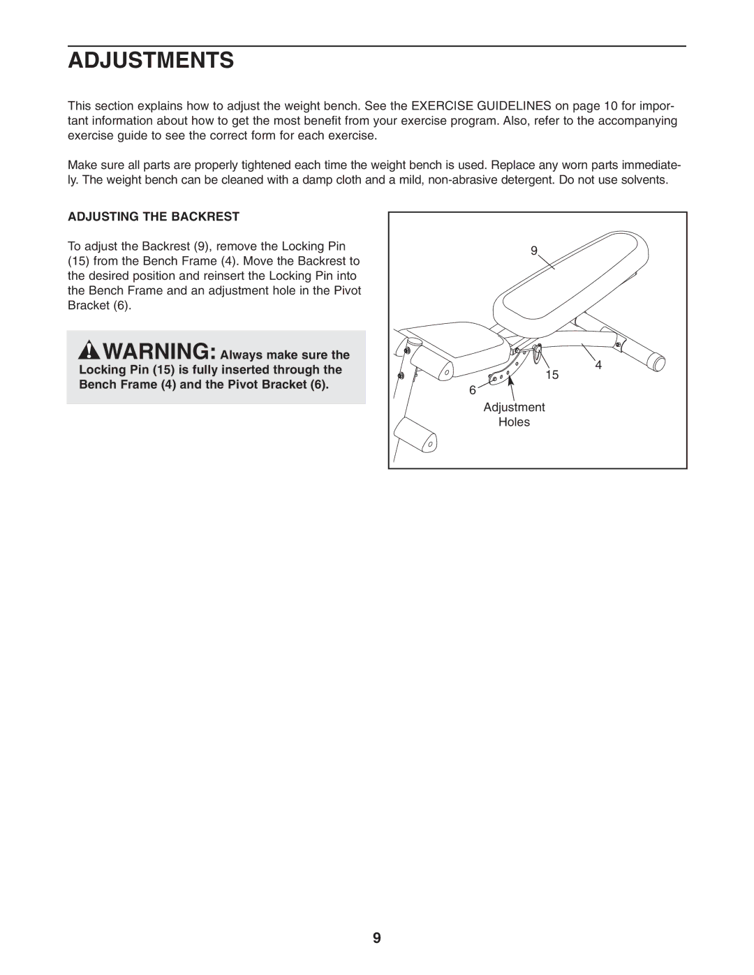 Reebok Fitness RBBE0405.0 manual Adjustments, Adjusting the Backrest 