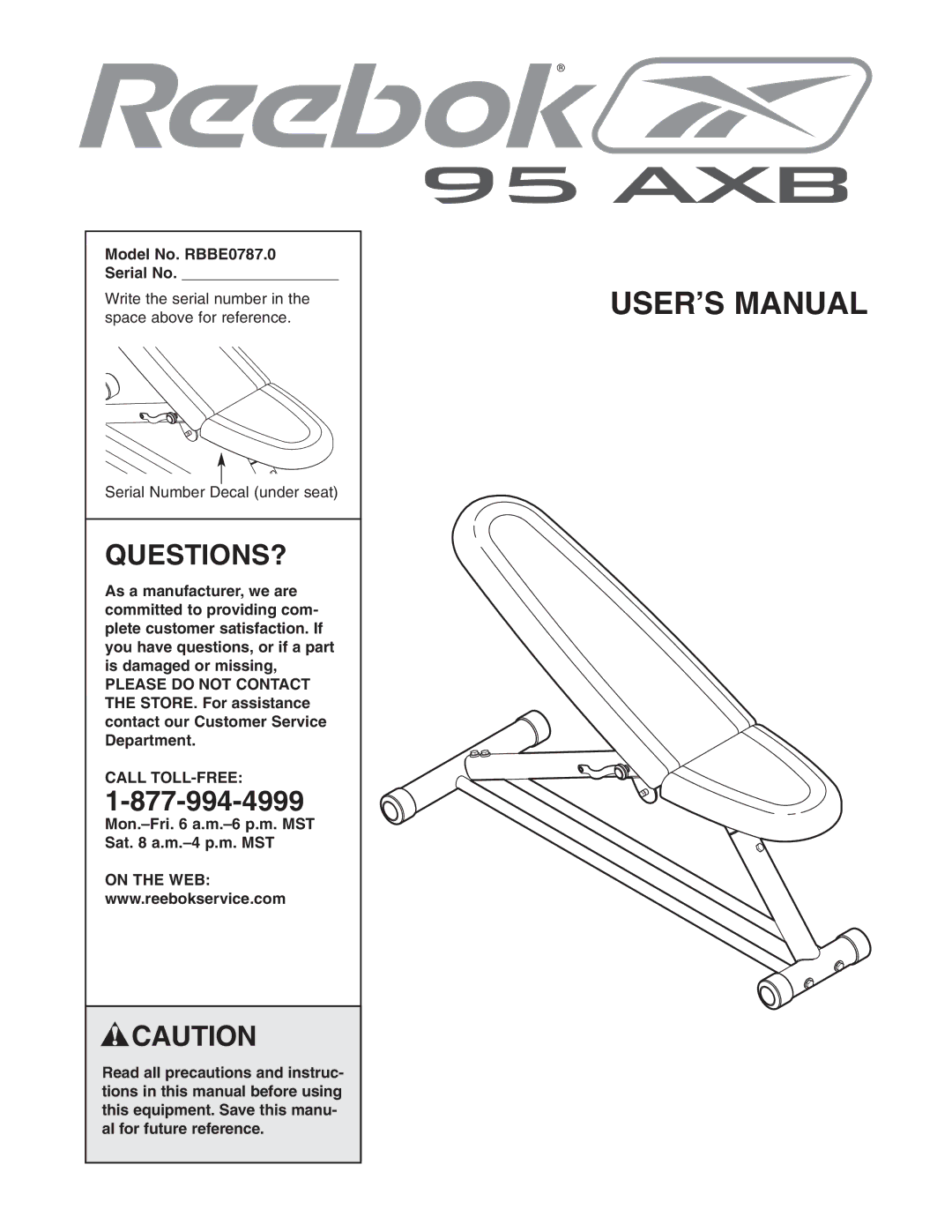 Reebok Fitness manual Questions?, Model No. RBBE0787.0 Serial No, Call TOLL-FREE, On the WEB 