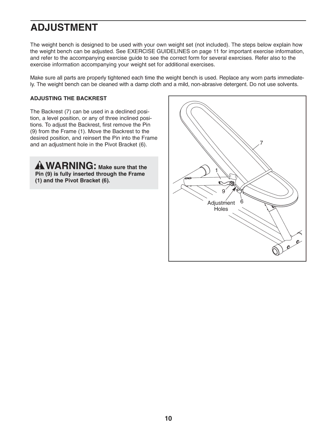 Reebok Fitness RBBE0787.0 manual Adjustment, Adjusting the Backrest, Pivot Bracket 