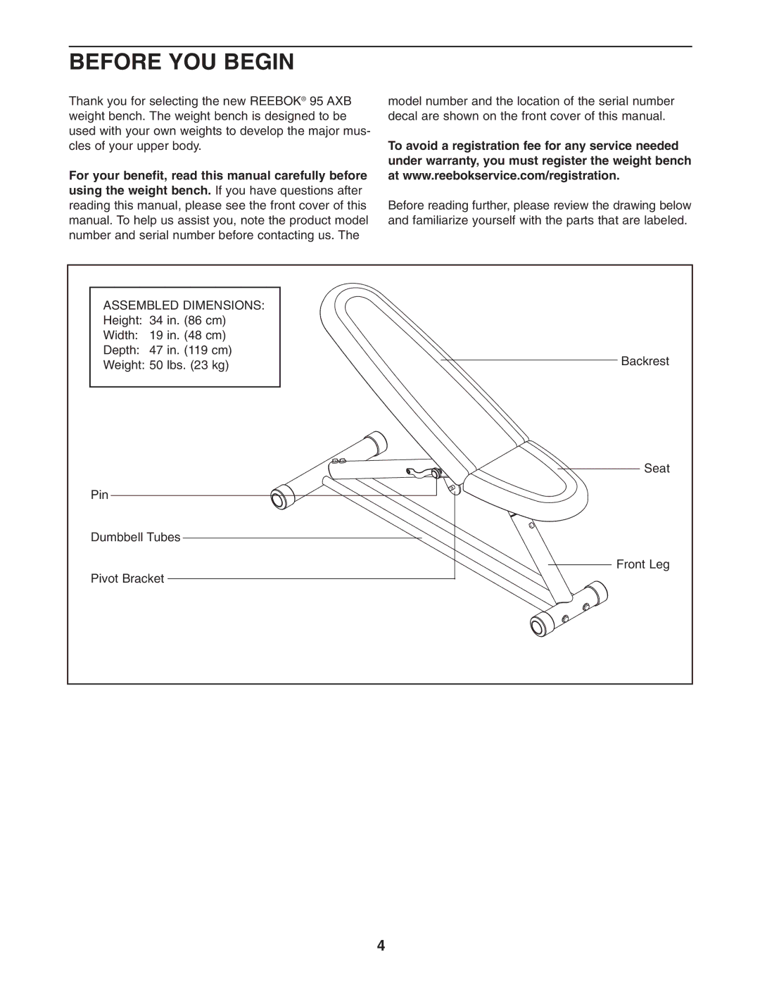 Reebok Fitness RBBE0787.0 manual Before YOU Begin, Assembled Dimensions 