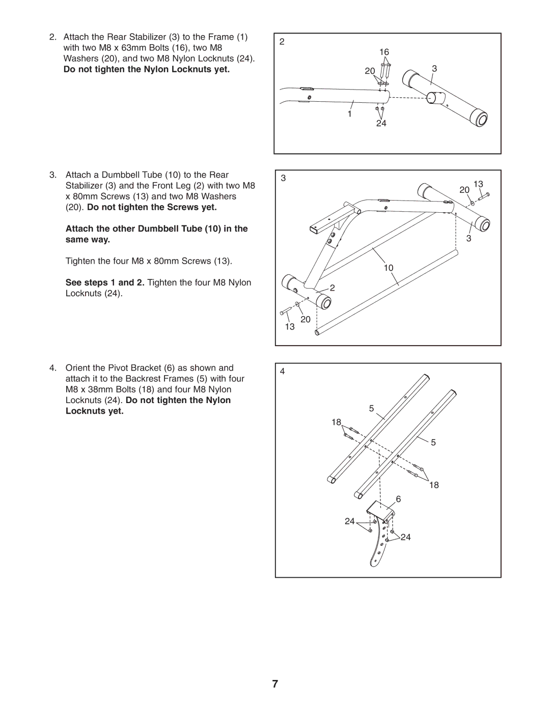 Reebok Fitness RBBE0787.0 manual Locknuts 24. Do not tighten the Nylon Locknuts yet 