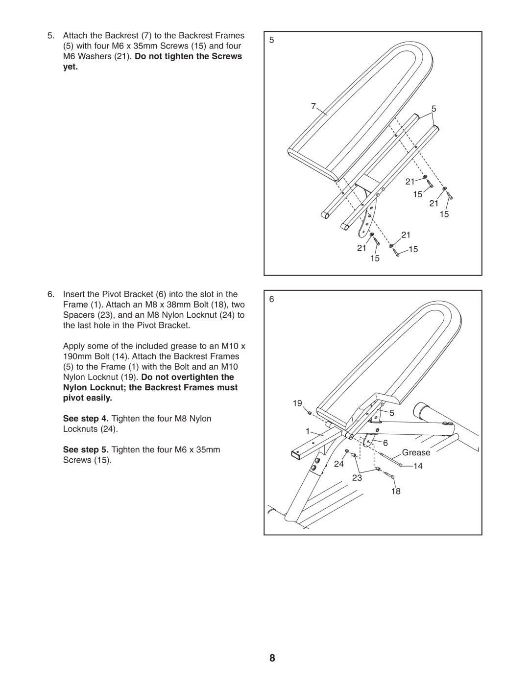 Reebok Fitness RBBE0787.0 manual Nylon Locknut the Backrest Frames must pivot easily 