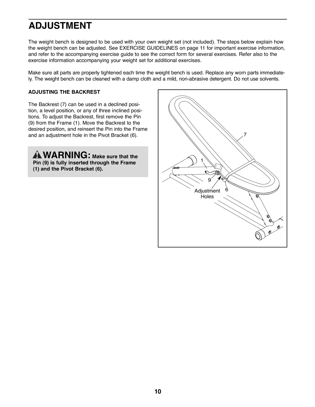 Reebok Fitness RBBE0787.1 manual Adjustment, Adjusting the Backrest, Pivot Bracket 