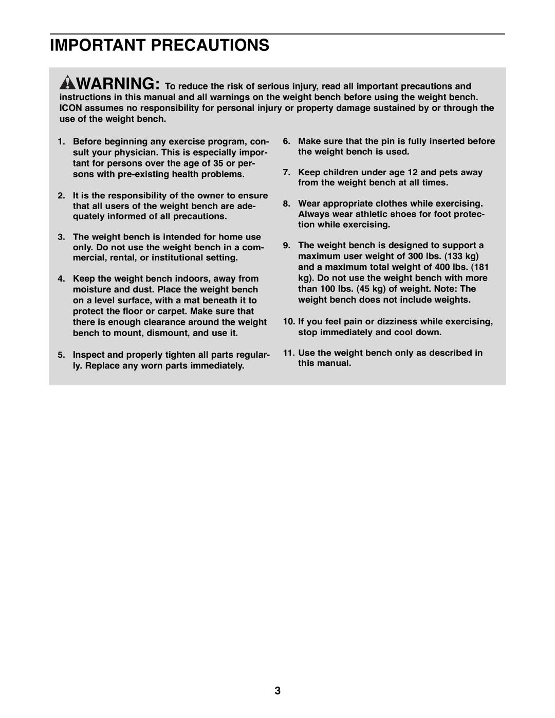 Reebok Fitness RBBE0787.1 manual Important Precautions 