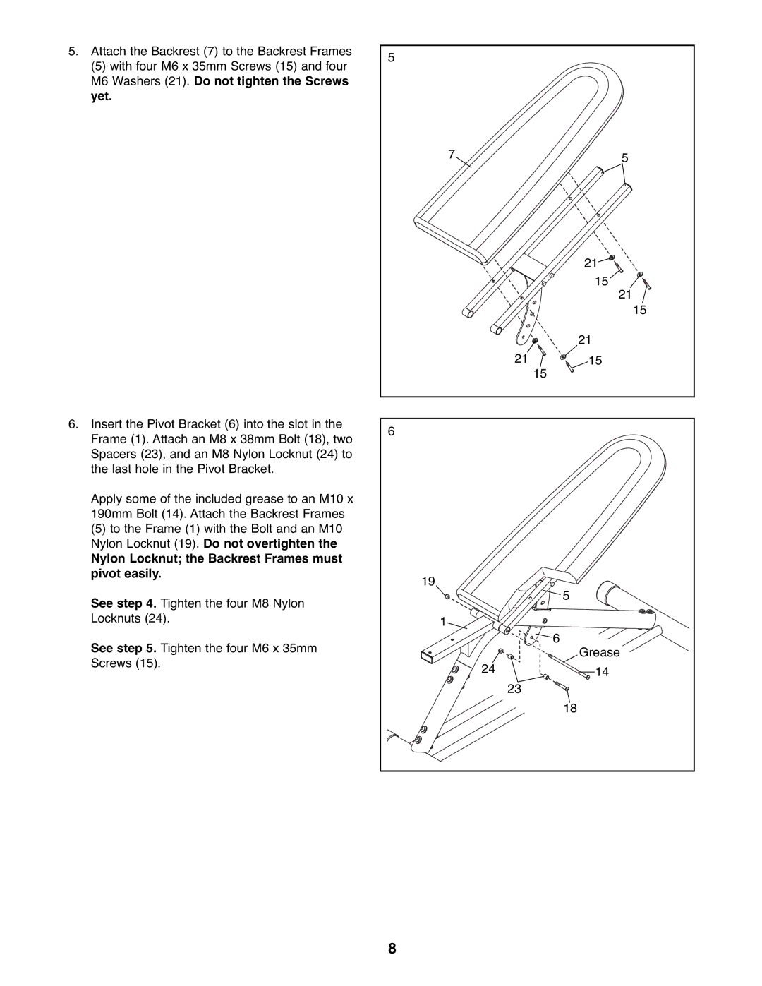 Reebok Fitness RBBE0787.1 manual Nylon Locknut the Backrest Frames must pivot easily 