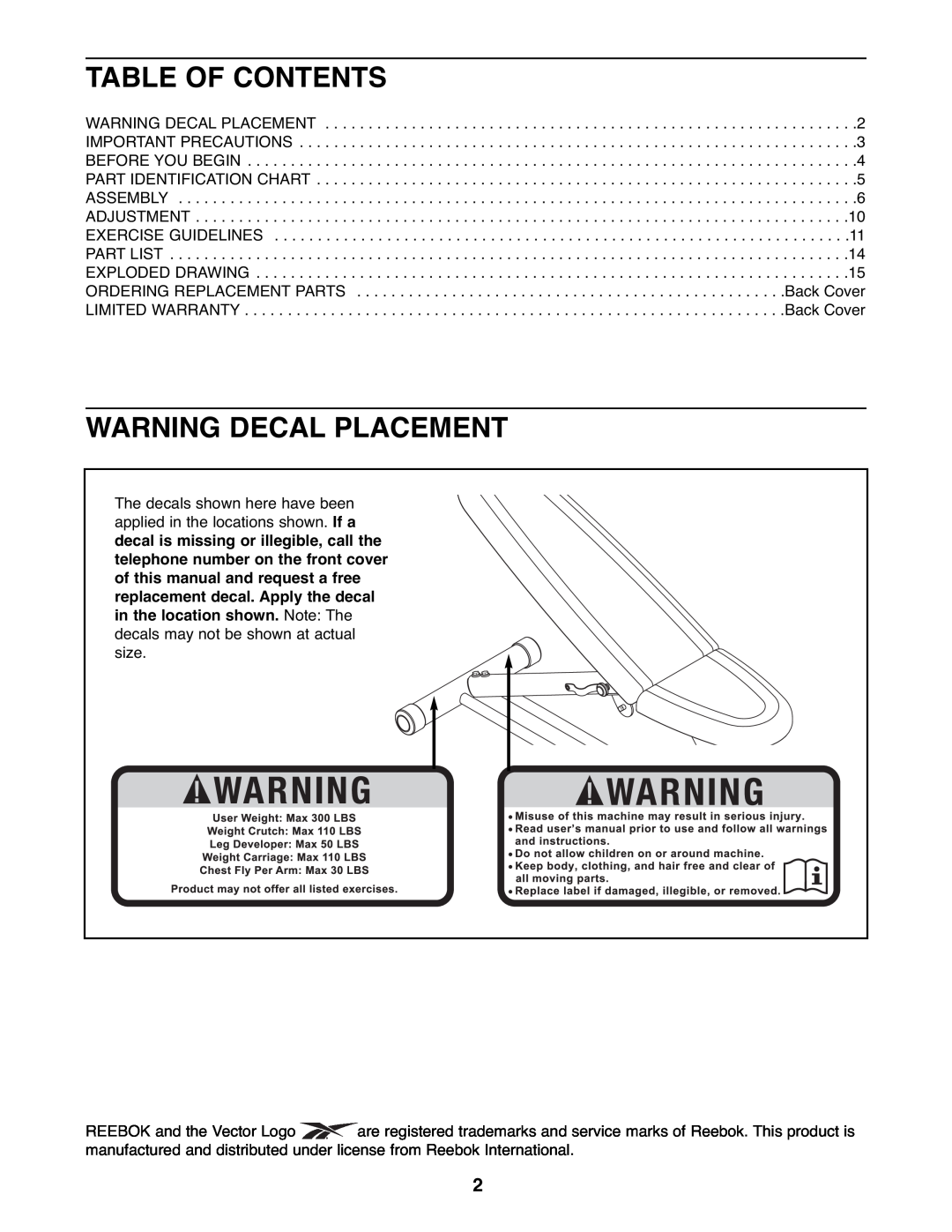 Reebok Fitness RBBE0787.1 manual Table Of Contents, Warning Decal Placement 