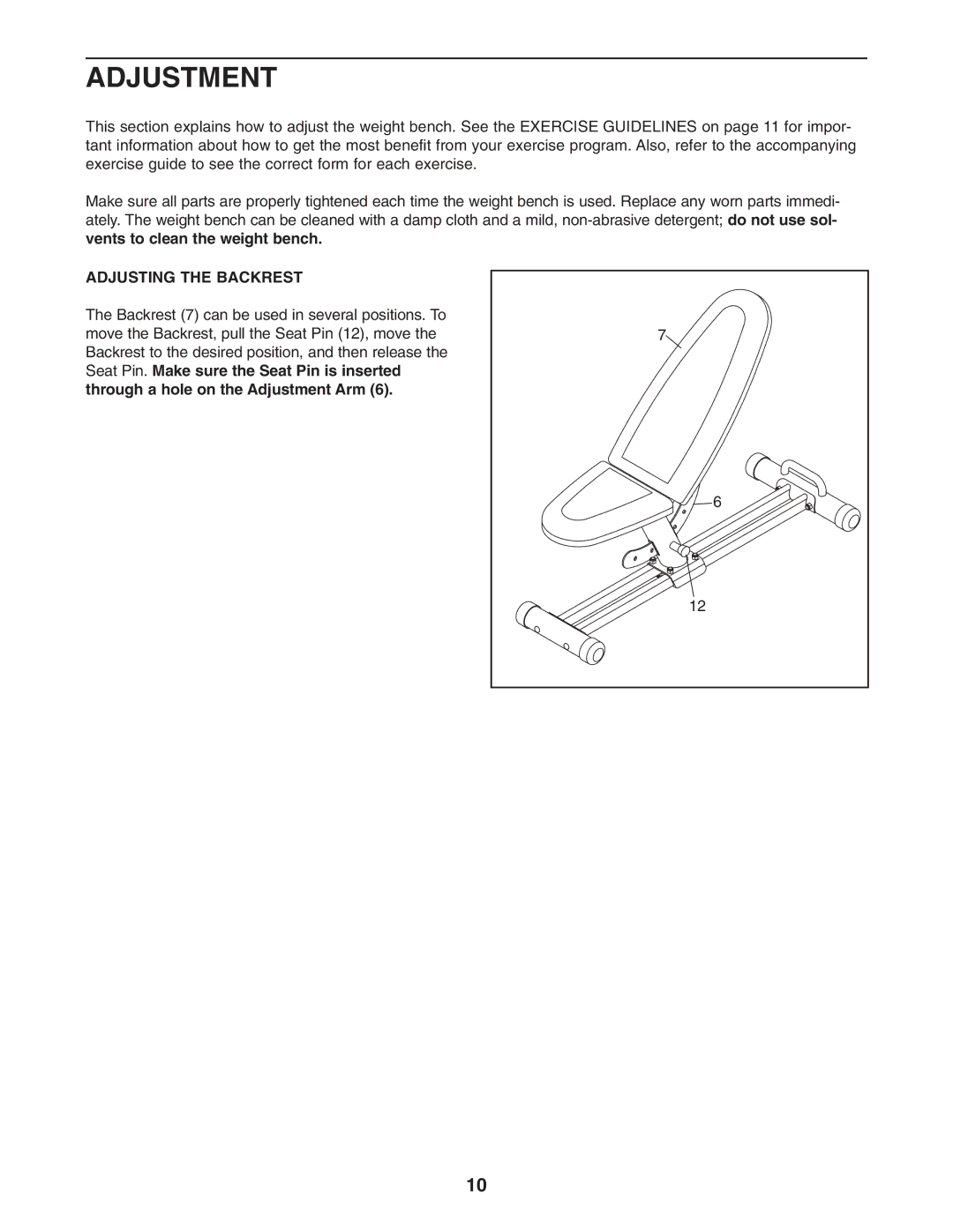 Reebok Fitness RBBE0787.2 manual Adjustment, Adjusting the Backrest 