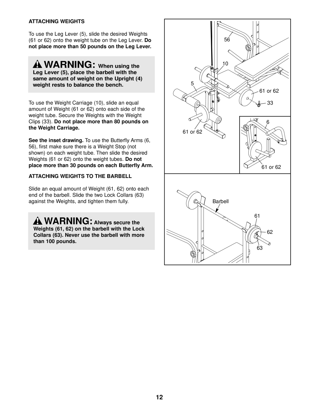 Reebok Fitness RBBE0955.0 manual Attaching Weights to the Barbell 