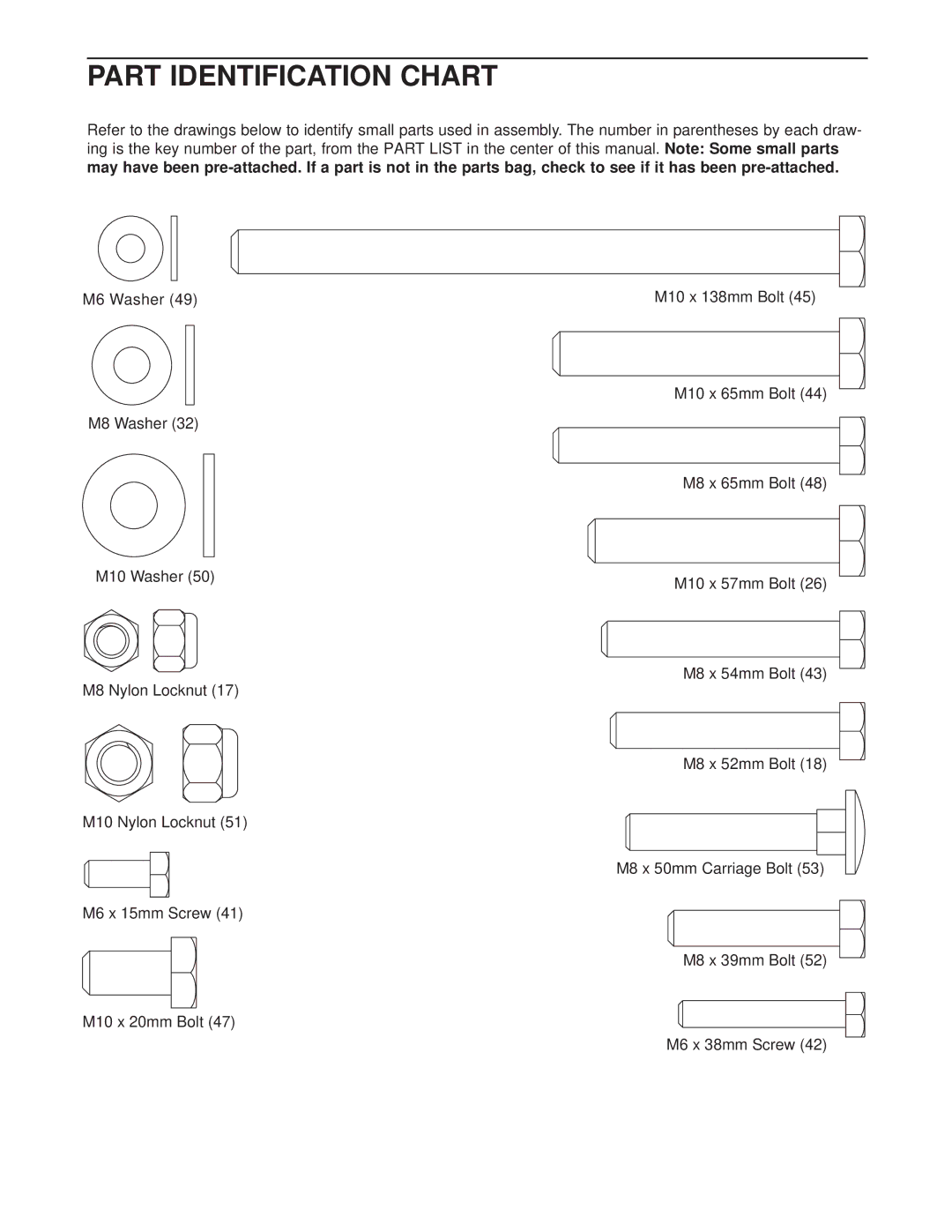 Reebok Fitness RBBE0955.0 manual Part Identification Chart 