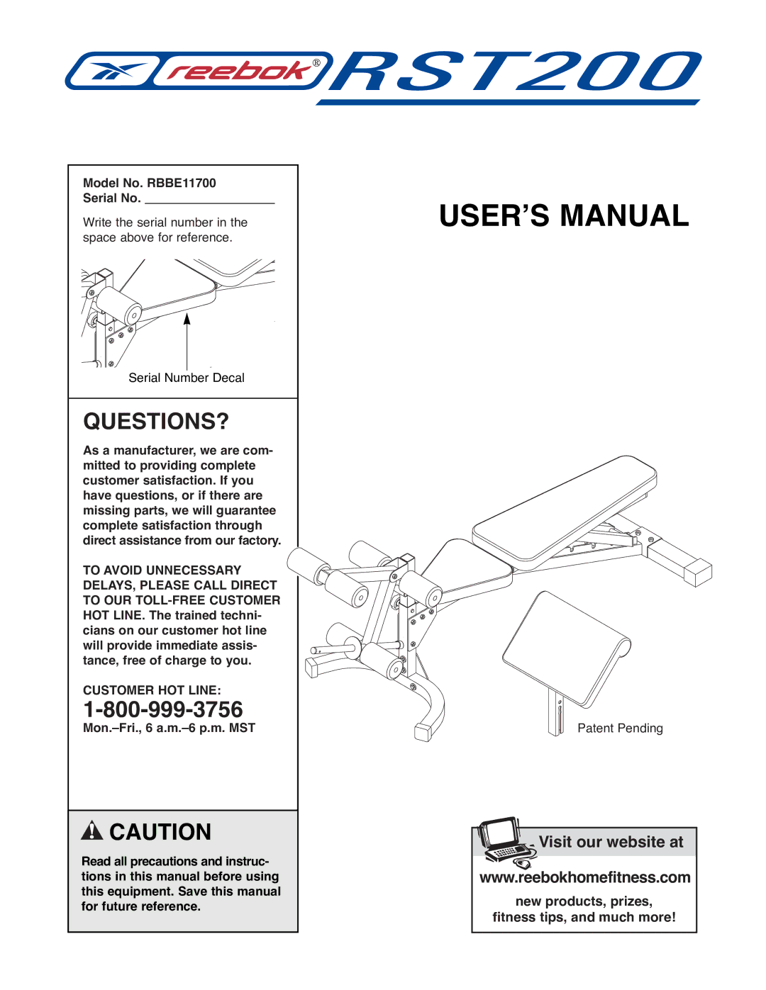 Reebok Fitness manual Model No. RBBE11700 Serial No, Customer HOT Line 