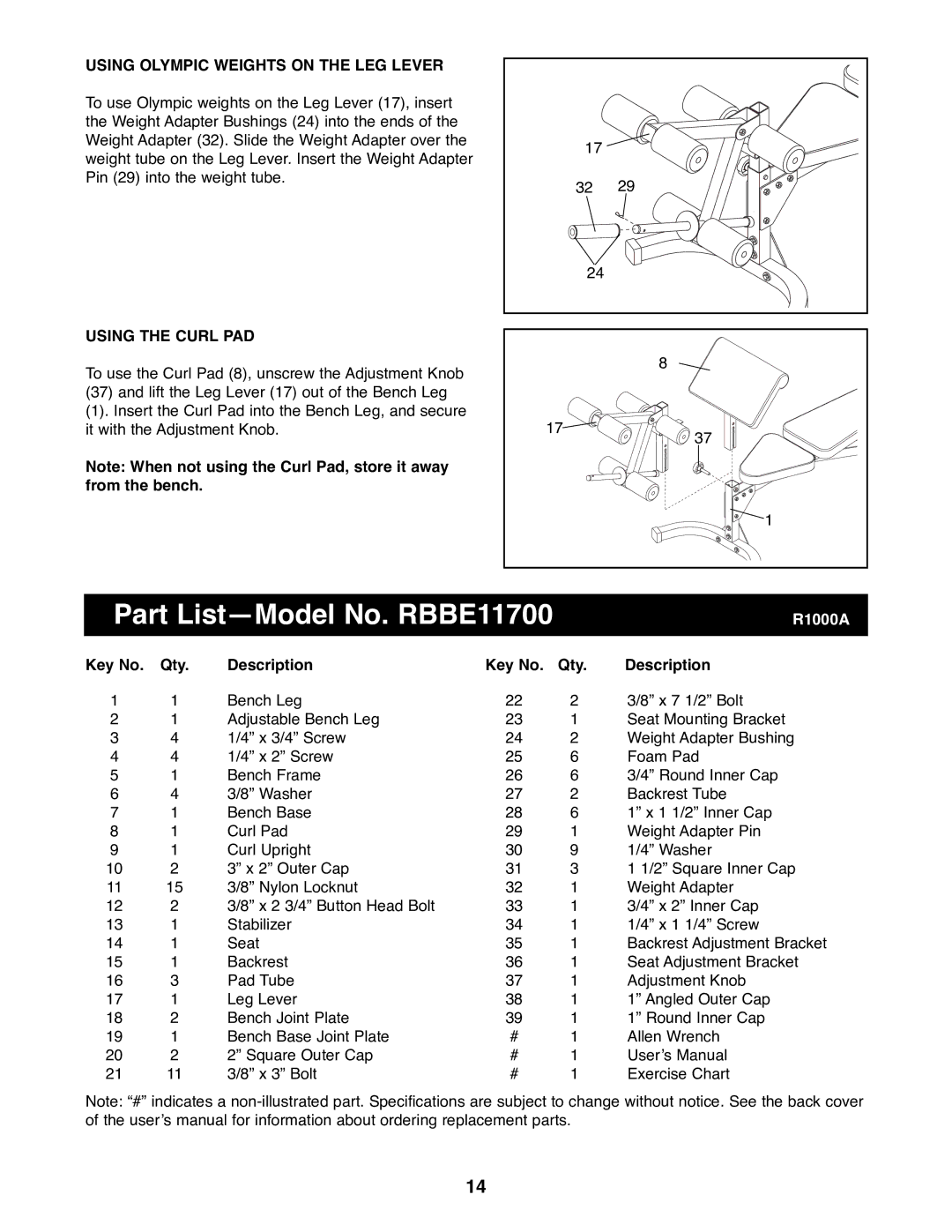 Reebok Fitness manual Part ListÑModel No. RBBE11700, Using Olympic Weights on the LEG Lever, Using the Curl PAD 