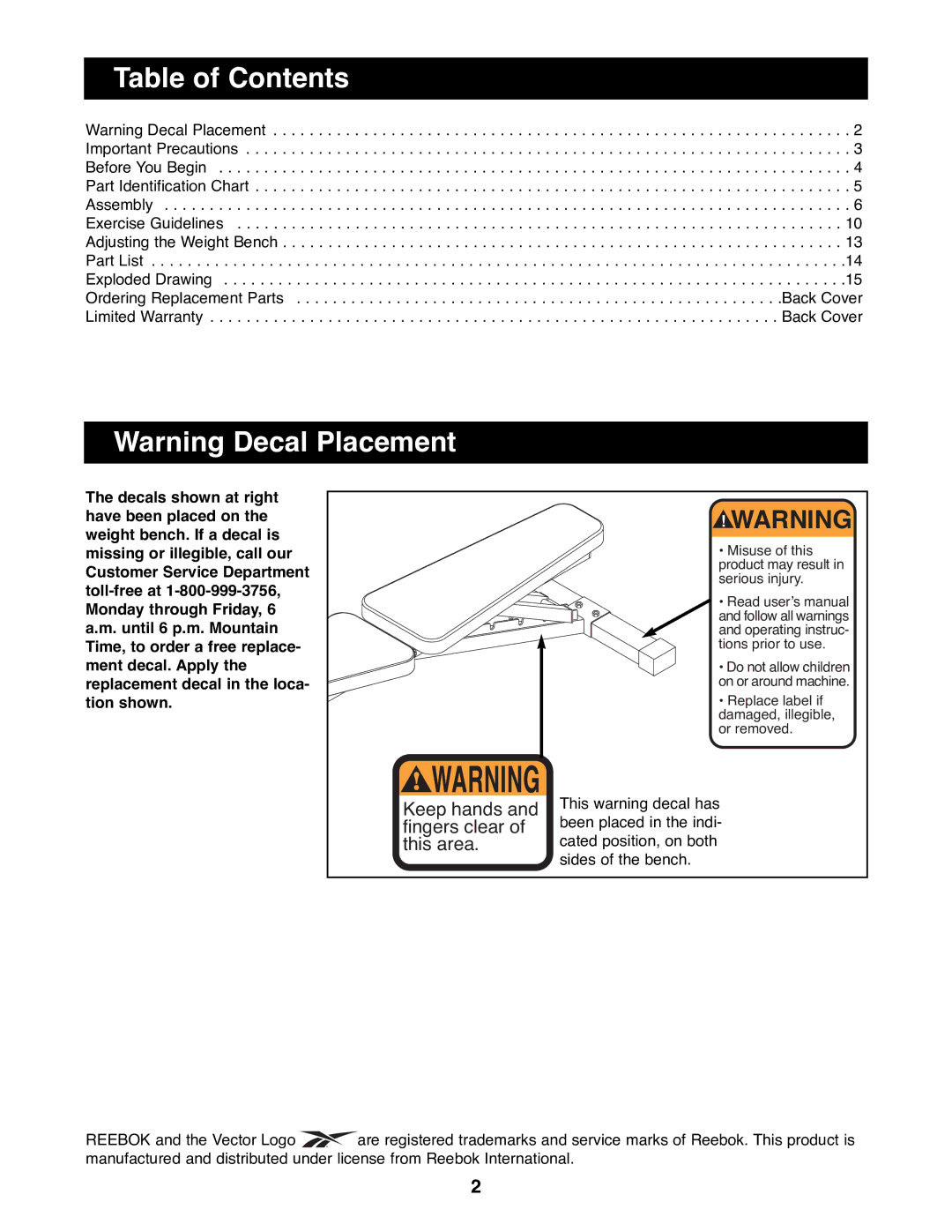 Reebok Fitness RBBE11700 manual Table of Contents 