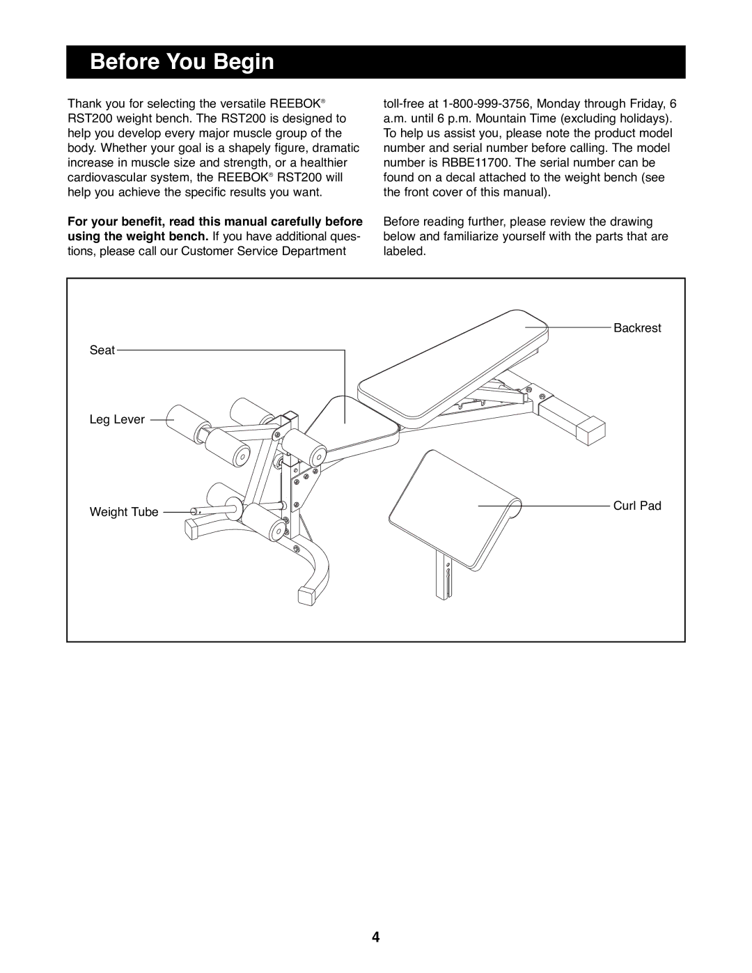 Reebok Fitness RBBE11700 manual Before You Begin 