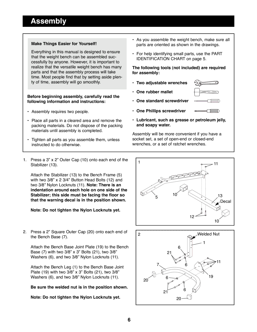 Reebok Fitness RBBE11700 manual Assembly, Make Things Easier for Yourself 