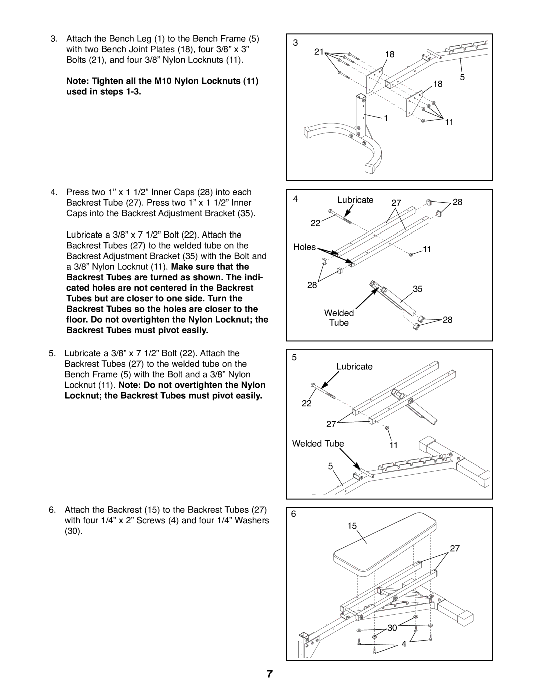 Reebok Fitness RBBE11700 manual Locknut the Backrest Tubes must pivot easily 