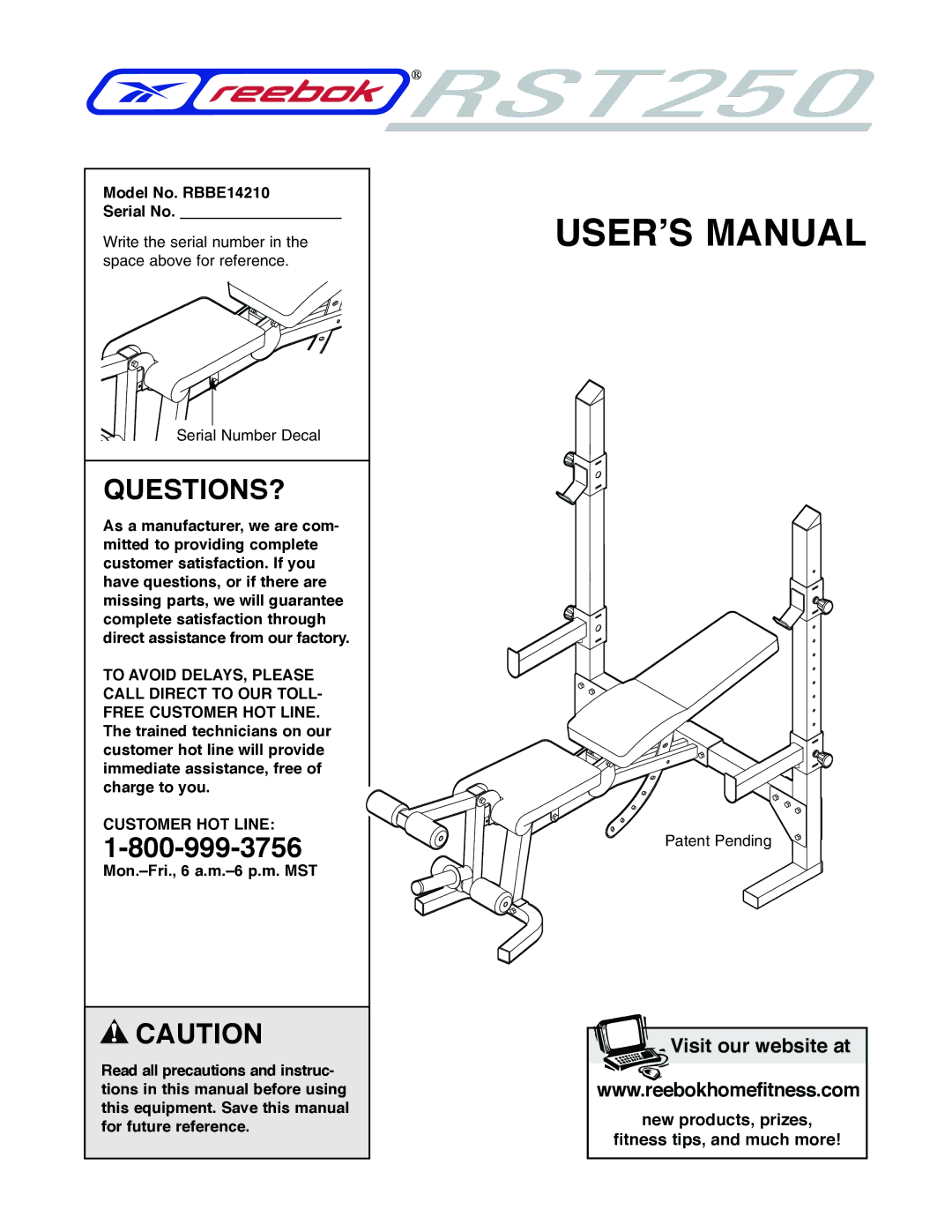 Reebok Fitness manual Questions?, Model No. RBBE14210 Serial No, Customer HOT Line 