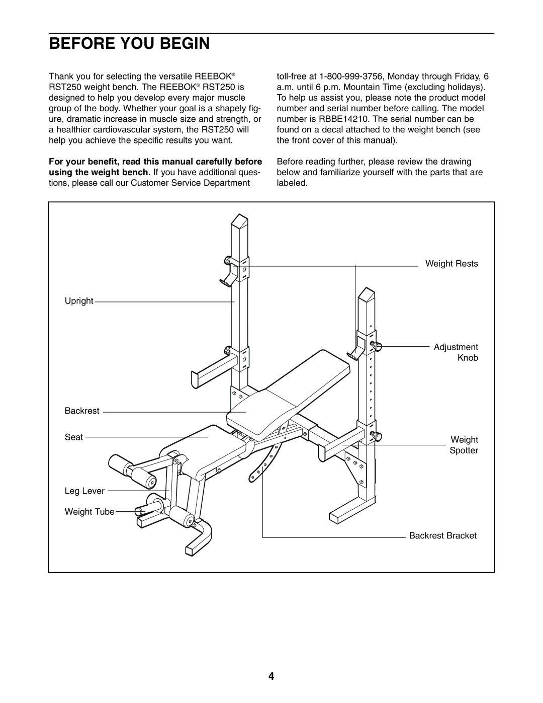 Reebok Fitness RBBE14210 manual Before YOU Begin 