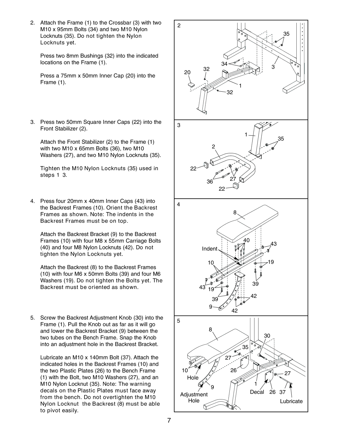 Reebok Fitness RBBE14210 Locknuts yet, Tighten the M10 Nylon Locknuts 35 used in steps, Backrest must be oriented as shown 