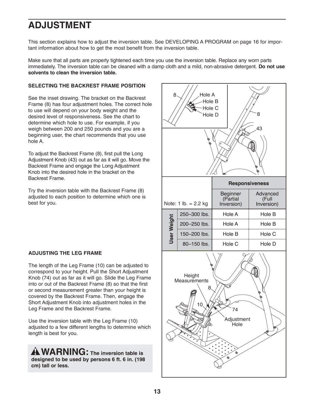 Reebok Fitness RBBE1996.0 manual Adjustment, Selecting the Backrest Frame Position, Adjusting the LEG Frame 