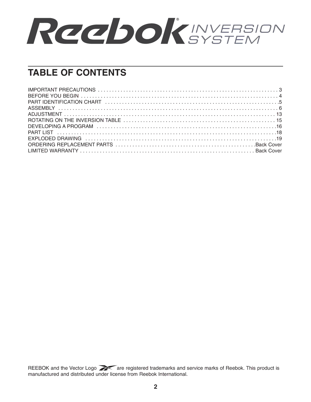 Reebok Fitness RBBE1996.0 manual Table of Contents 