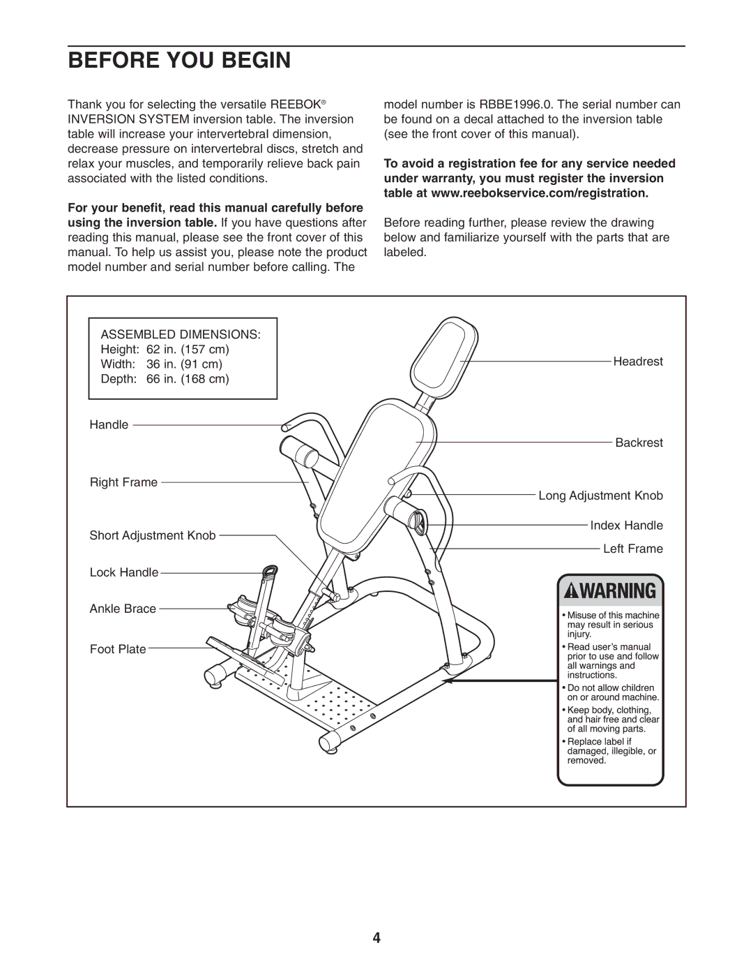 Reebok Fitness RBBE1996.0 manual Before YOU Begin, Assembled Dimensions 