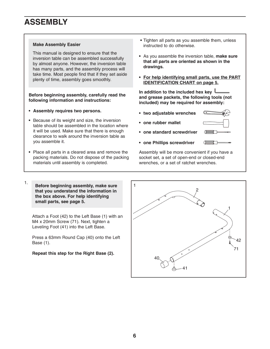 Reebok Fitness RBBE1996.0 manual Make Assembly Easier, Before beginning assembly, make sure 