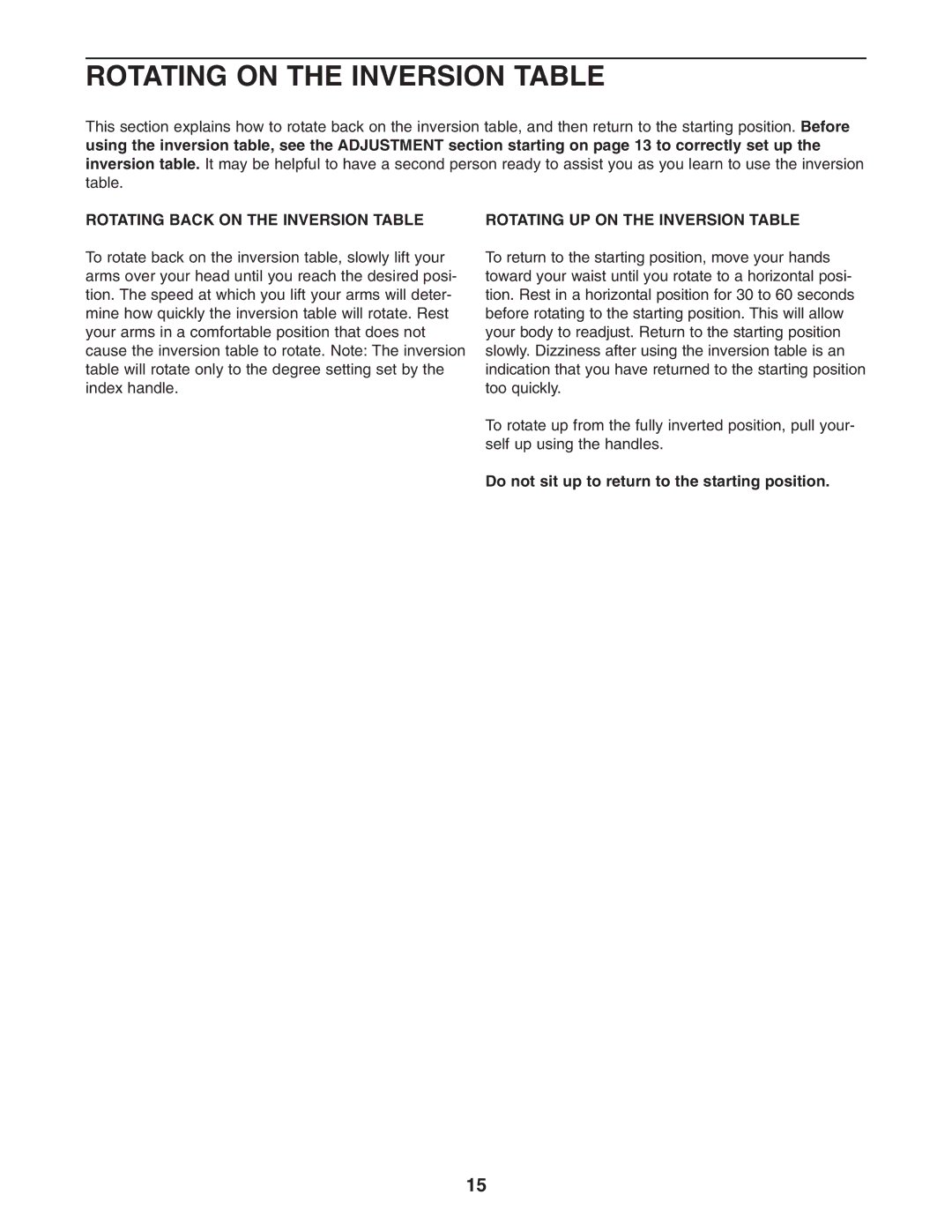 Reebok Fitness RBBE1996.1 manual Rotating on the Inversion Table, Do not sit up to return to the starting position 