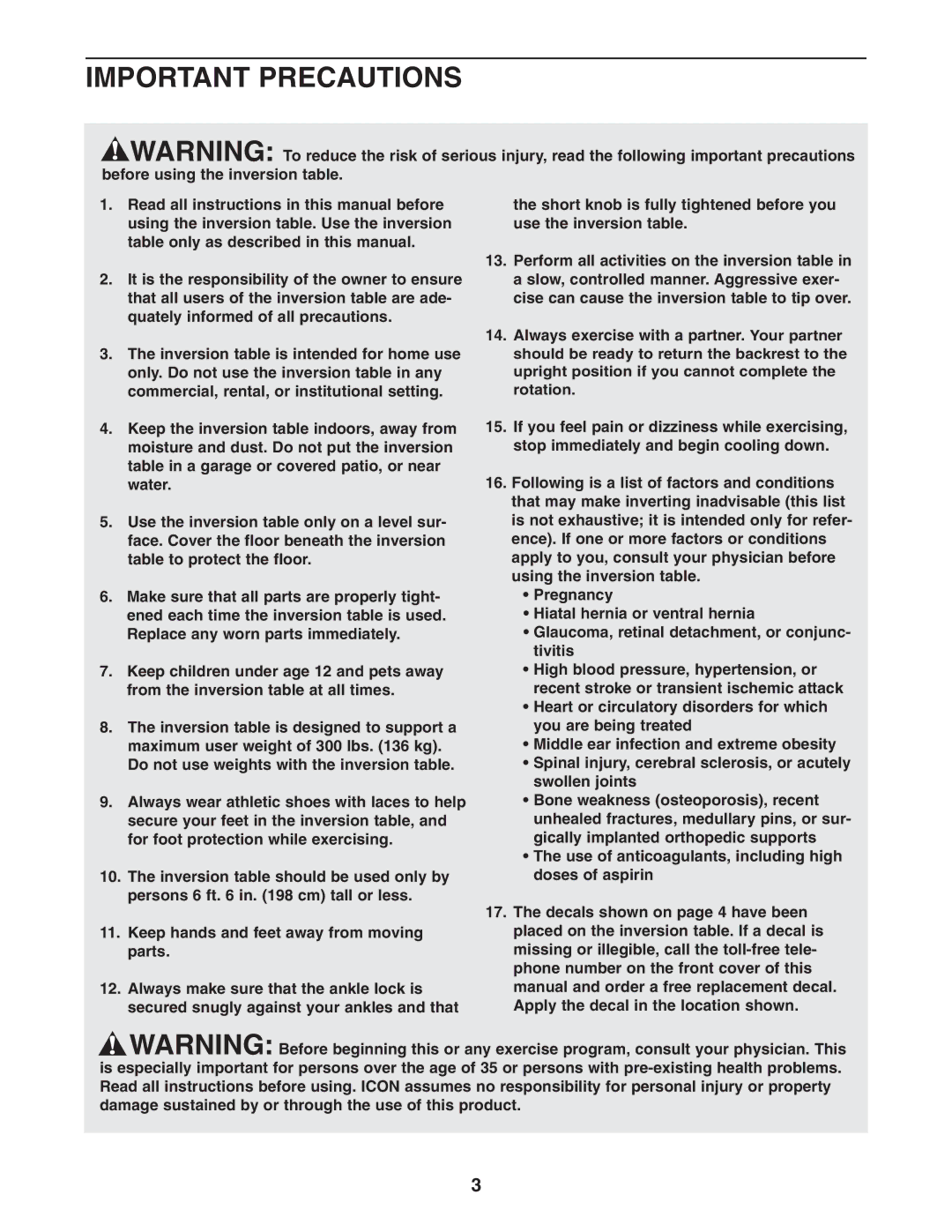 Reebok Fitness RBBE1996.1 manual Important Precautions 