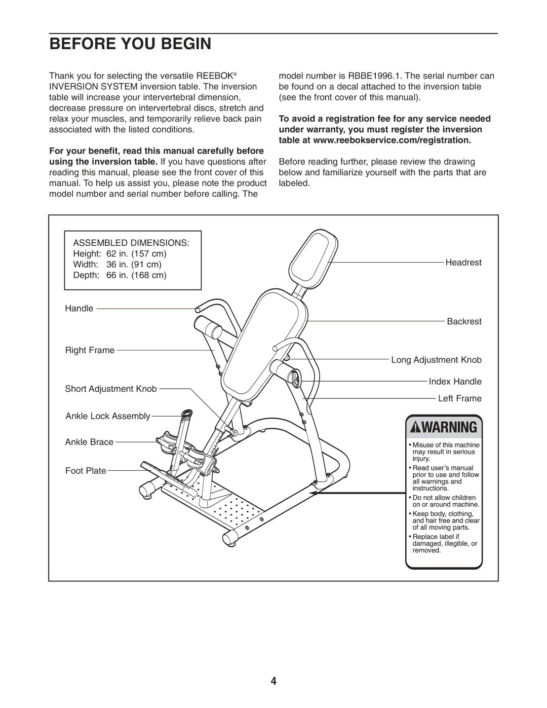 Reebok Fitness RBBE1996.1 manual Before YOU Begin, Assembled Dimensions 