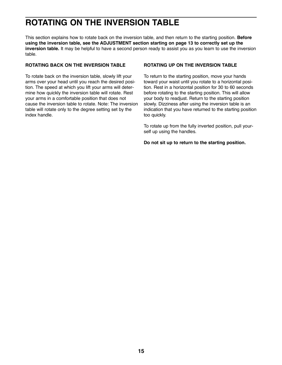 Reebok Fitness RBBE1996.5 manual Rotating on the Inversion Table, Do not sit up to return to the starting position 