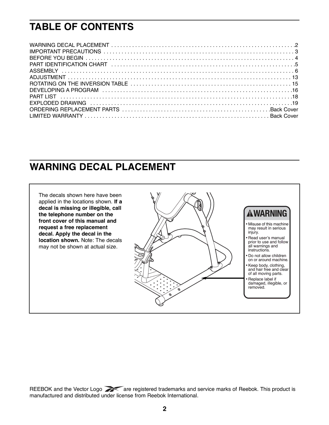 Reebok Fitness RBBE1996.5 manual Table of Contents 