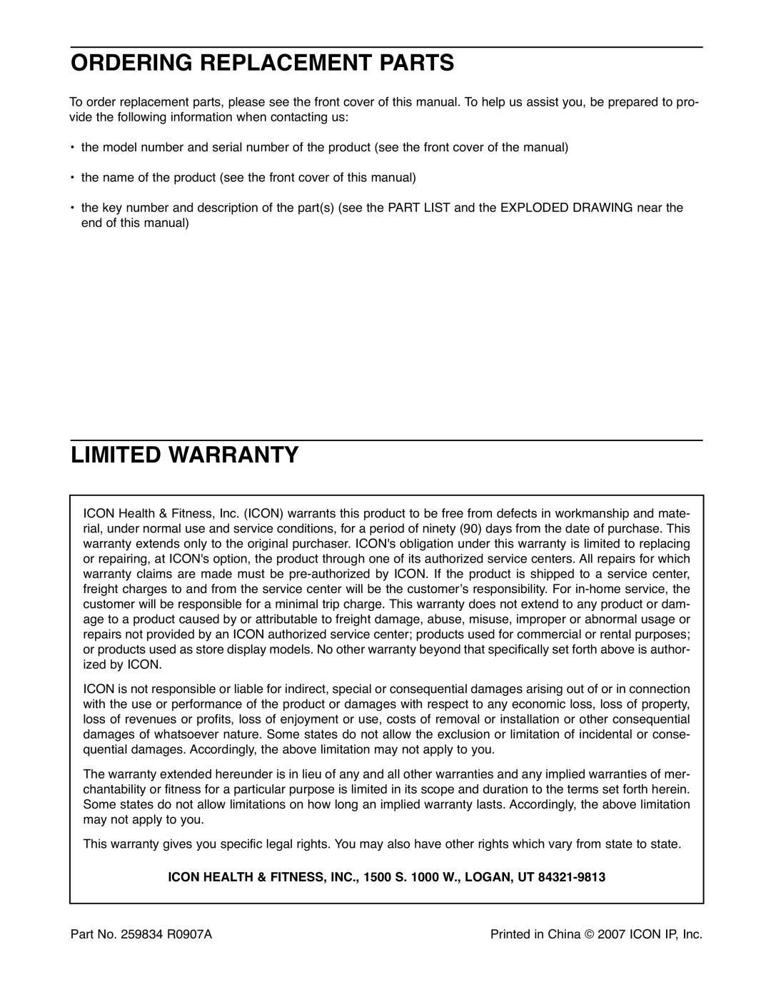 Reebok Fitness RBBE1996.5 Ordering Replacement Parts, Limited Warranty, Icon Health & FITNESS, INC., 1500 S W., LOGAN, UT 