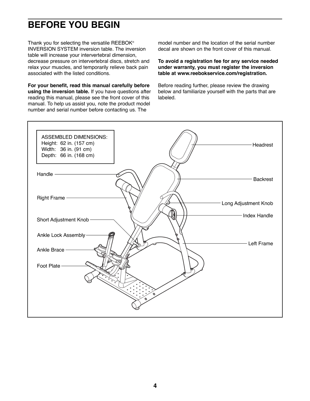 Reebok Fitness RBBE1996.5 manual Before YOU Begin, To avoid a registration fee for any service needed 