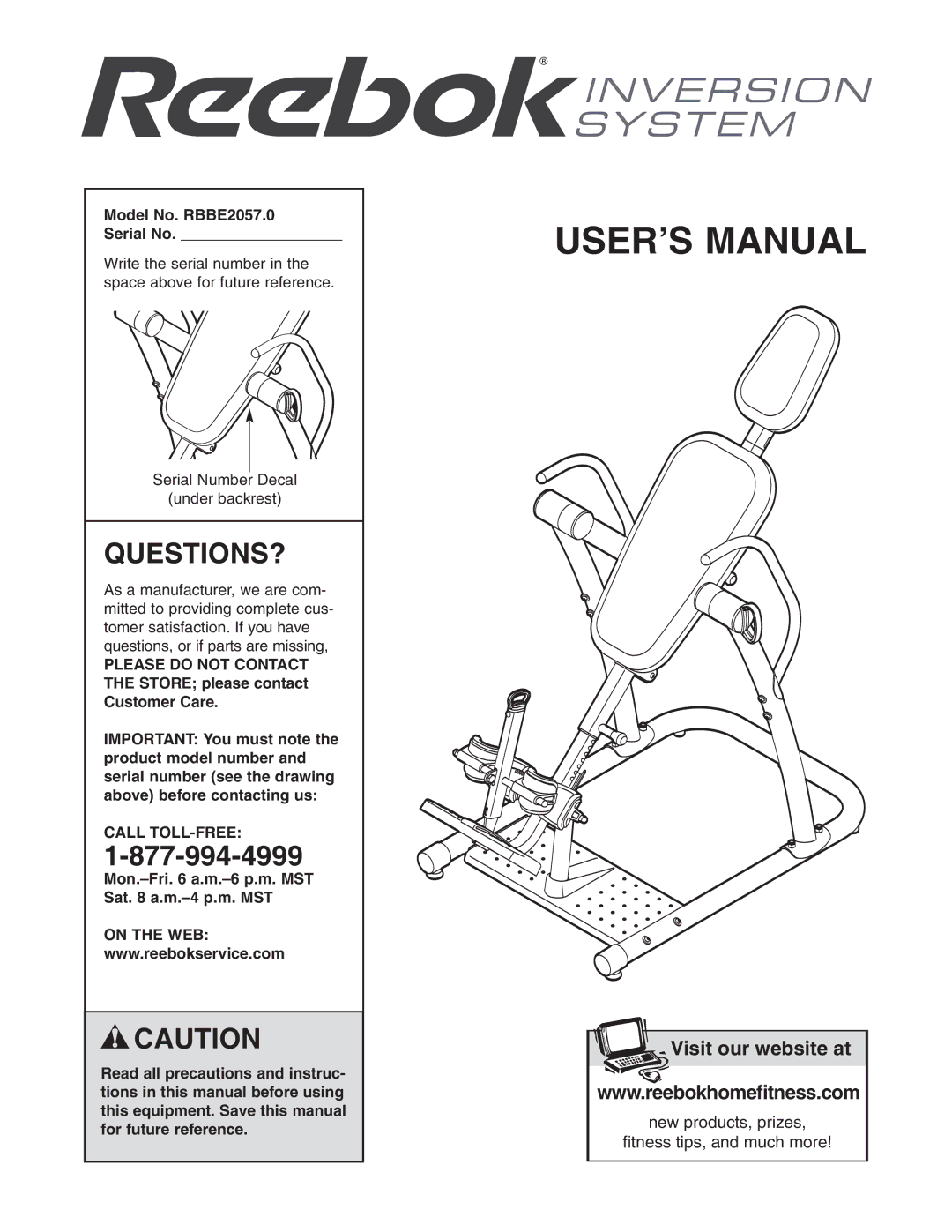 Reebok Fitness manual Questions?, Model No. RBBE2057.0 Serial No, Call TOLL-FREE, On the WEB 