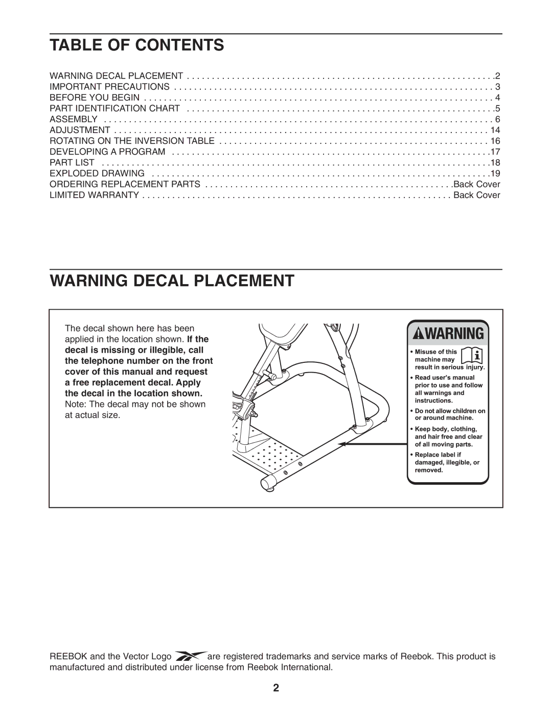 Reebok Fitness RBBE2057.0 manual Table of Contents 