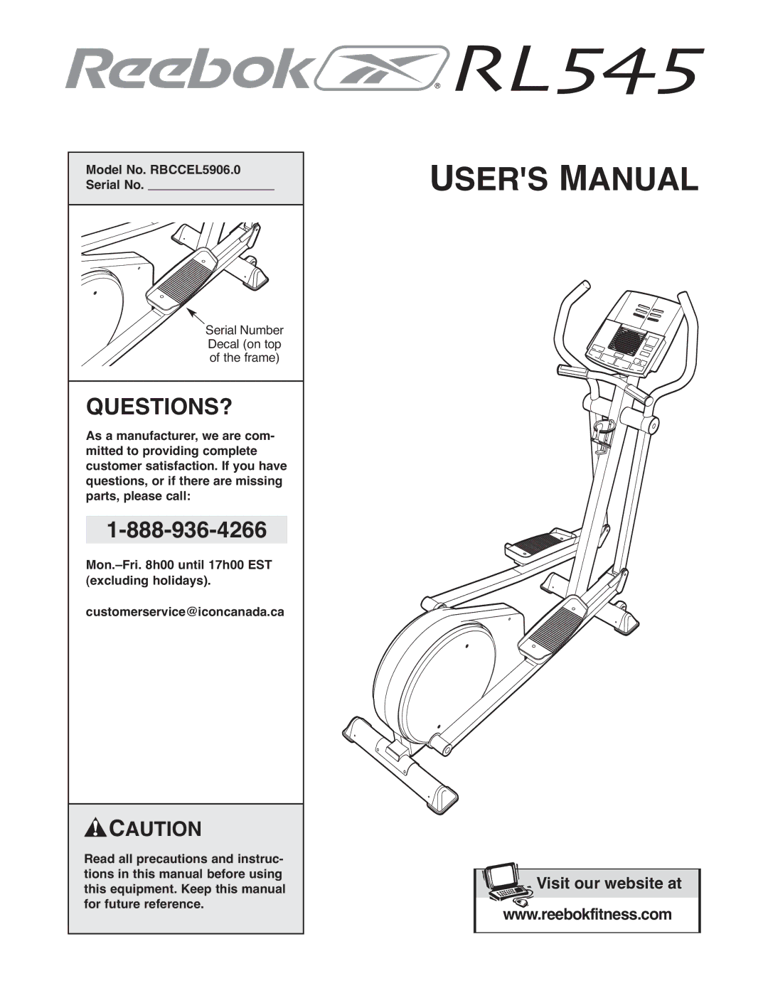 Reebok Fitness manual Questions?, Model No. RBCCEL5906.0 Serial No 