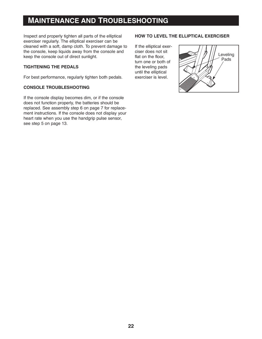 Reebok Fitness RBCCEL5906.0 Maintenance and Troubleshooting, HOW to Level the Elliptical Exerciser, Tightening the Pedals 