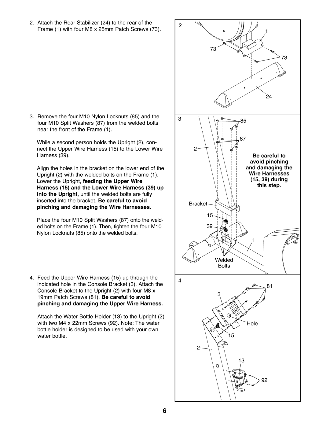 Reebok Fitness RBCCEL5906.0 manual Be careful to, Avoid pinching, Wire Harnesses, 15, 39 during, This step 