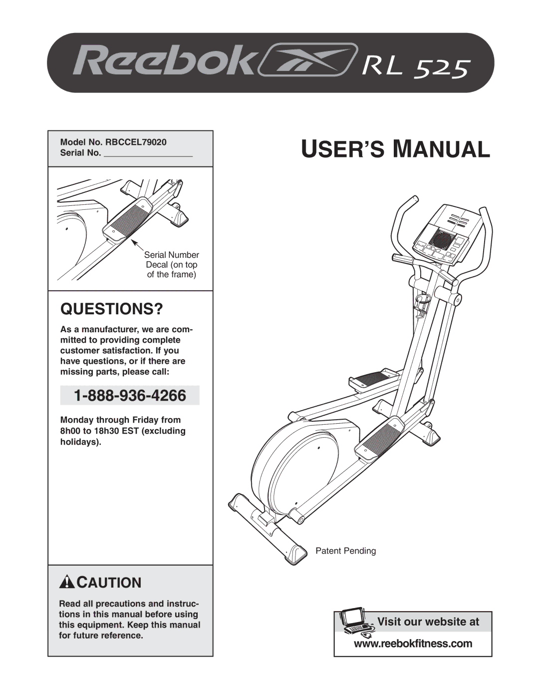 Reebok Fitness manual Questions?, Model No. RBCCEL79020 Serial No 