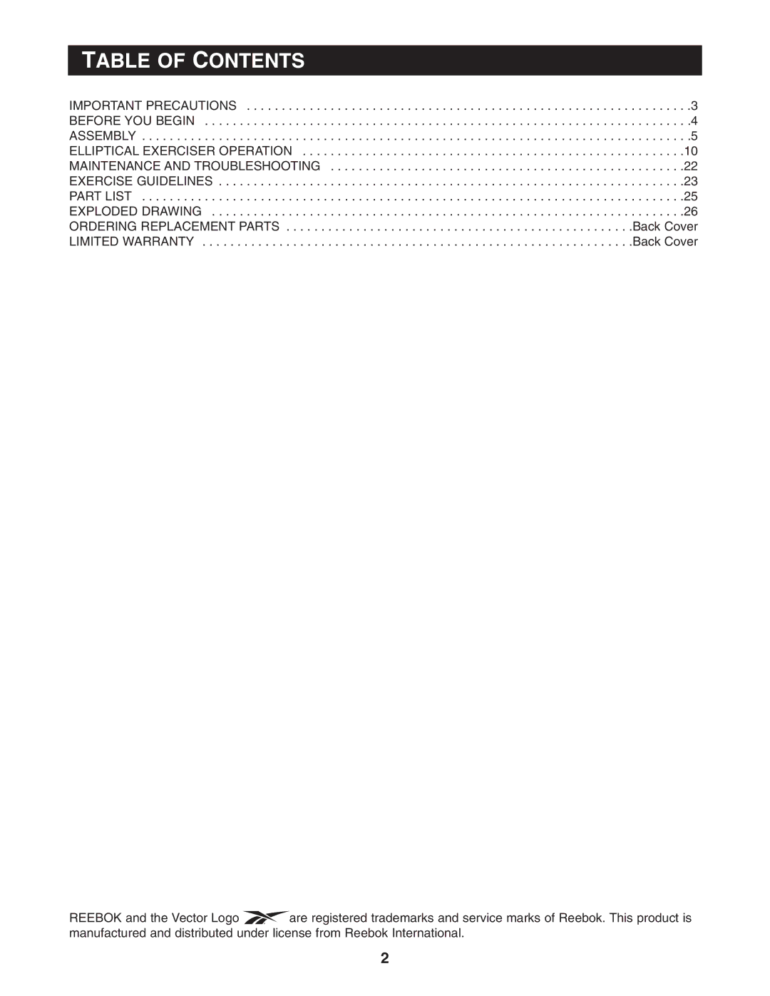 Reebok Fitness RBCCEL79020 manual Table of Contents 