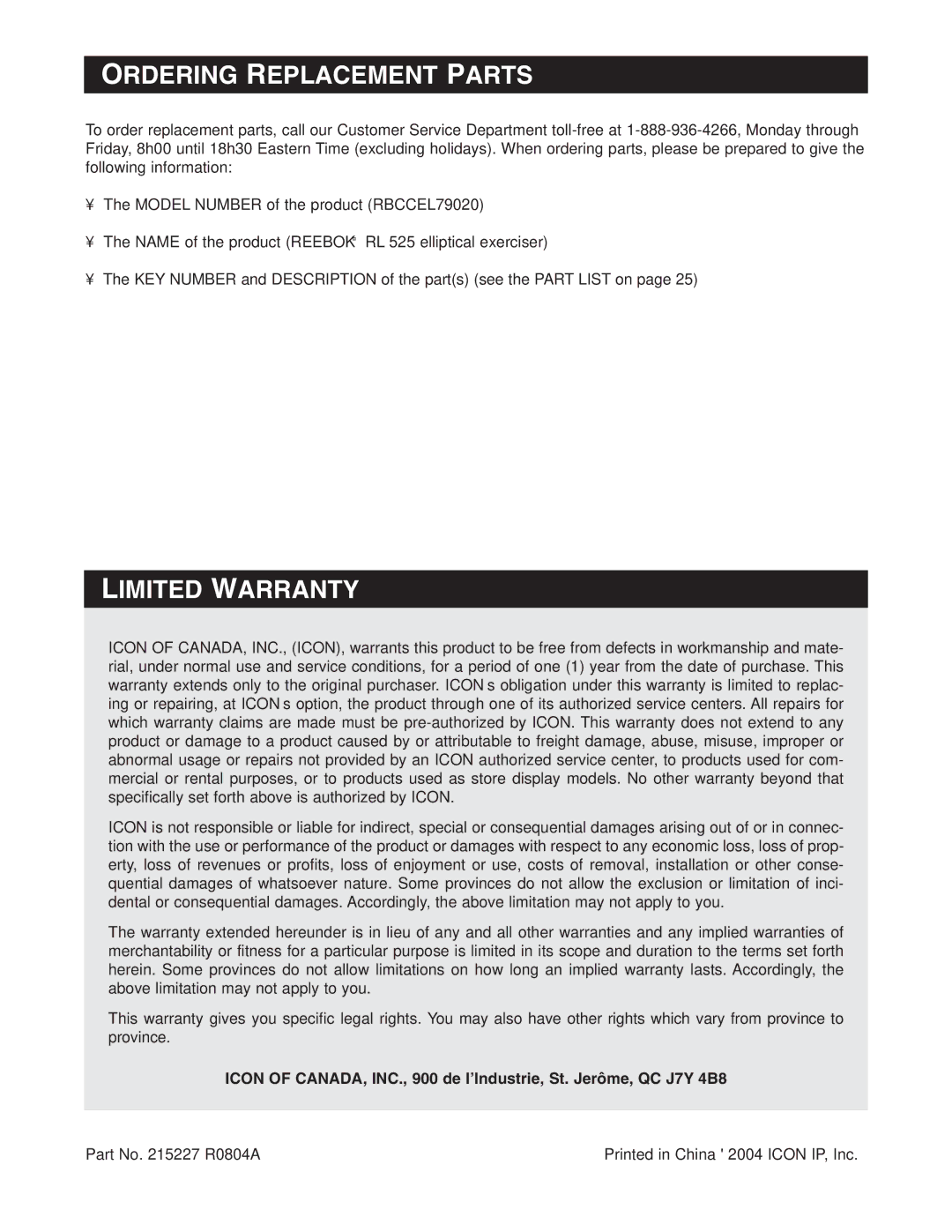 Reebok Fitness RBCCEL79020 manual Ordering Replacement Parts, Limited Warranty 